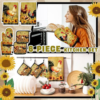 Leinuosen 6 Sunflower Rooster Farmhouse Kitchen Decor Dish Towels Oven Mitts and Pot Holders Sets Chicken Kitchen Towels Absorbent Decorative Accessories for Cooking Baking Grilling