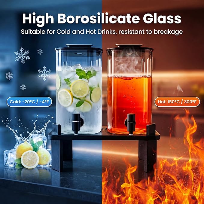 2 PCS 3 Gallon Drink dispenser, Glass Beverage Dispenser With Wood Stand, Large Water Drink Dispensers For Spa, for bars, office waiting room beverage dispenser modern Black - Image 6