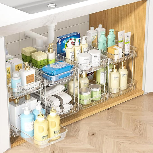 Sevenblue Under Sink Organizer, Bathroom Organizers and Storage, 2 Tier Multi-Use Pull Out Cabinet Organizer with Hang Hooks and Cups (transparent, 4 Pack) by Sevenblue
