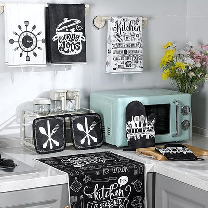 Leinuosen 8 Pcs Cooking Kitchen Decor Accessories Set Farmhouse Towels Oven Mitts Pot Holders Dishcloths Set Kitchen Decorative Absorbent Gloves Potholders for Chef Baking Cooking - Image 7