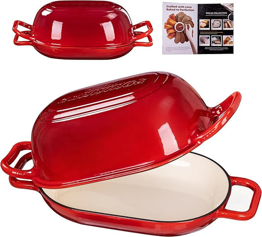 Oval Dutch Oven for Bread Baking, 12 x 8 Inch Cast Iron Bread Oven for Sourdough, Dutch Oven Bread baking Pan for a Crispy Crust, 5QT, Cherry