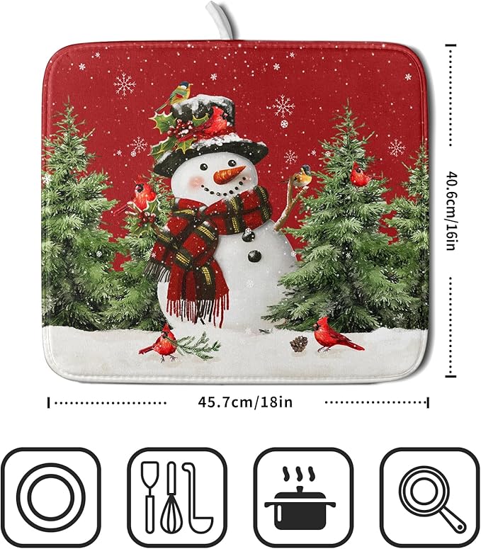 Christmas Dish Drying Mat for Kitchen Counter Snowman Green Christmas Tree Microfiber Absorbent Dish Draining Reusable Washable Foldable 16"x18" - Image 2