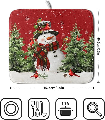 Christmas Dish Drying Mat for Kitchen Counter Snowman Green Christmas Tree Microfiber Absorbent Dish Draining Reusable Washable Foldable 16"x18" - Image 2