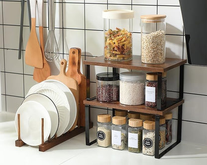 Marsui 4 Pcs Kitchen Organizer Accessories Set Cabinet Organizer Shelf and Bamboo Dish Drying Plate Rack Counter Shelves Storage Holder for Spice Rack, Dish, Pot Lid, Bowl, Cup(Deep Color) - Image 4