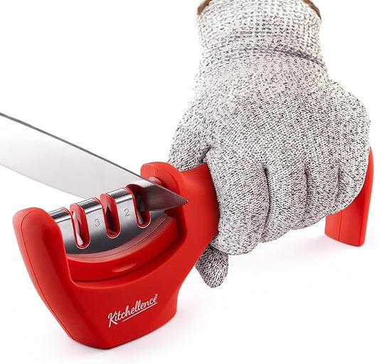 4-in-1 Kitchen Knife Accessories: 3-Stage Knife Sharpener Helps Repair, Restore and Polish Blades and Cut-Resistant Glove by KITCHELLENCE