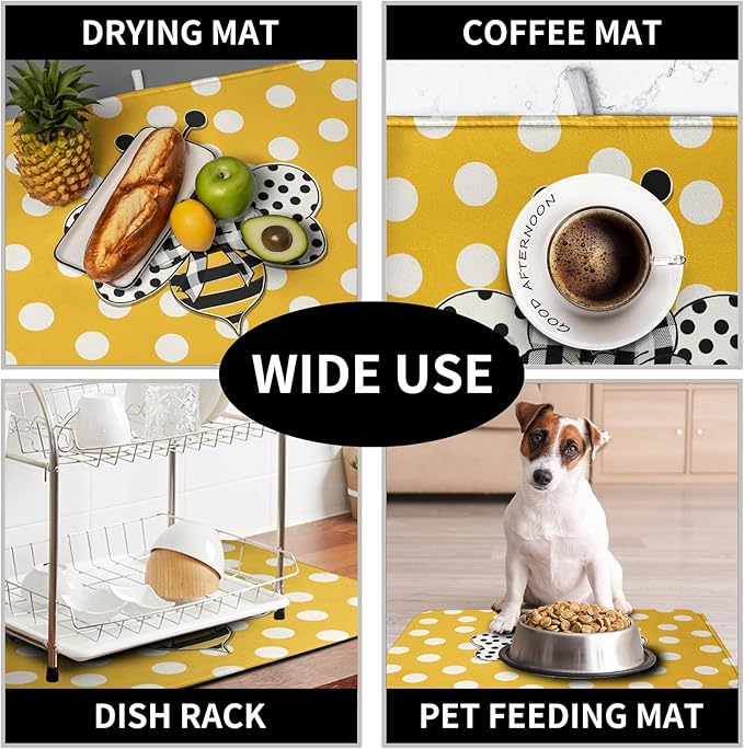 Bee Dish Drying Mat for Kitchen Counter 18x24 Inch Yellow Bumblebee Polka Dots Dishes Pad Cute Honey Bees Dish Draining Microfiber Absorbent Dish Drainer Rack Mat Large Kitchen Accessories - Image 7