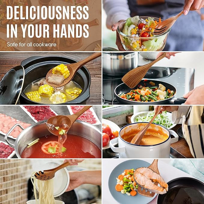 7 PCS Wooden Spoons for Cooking Natural Teak Kitchen Utensils Smooth Non-Stick Surface Cooking Utensils Set Soft Comfort-Grip Wooden Utensils for Cooking - Image 5