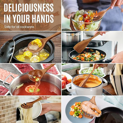 7 PCS Wooden Spoons for Cooking Natural Teak Kitchen Utensils Smooth Non-Stick Surface Cooking Utensils Set Soft Comfort-Grip Wooden Utensils for Cooking - Image 5