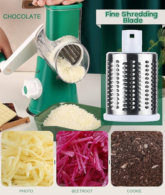 Ourokhome Rotary Cheese Grater Hand Crank, Kitchen Shredder Speed Mandolin Slicer Nut Grinder with Handle and Drum Blades for Cheese, Vegetable, Walnut, Chocolate, Potato, Carrot, 3 Blades, Emerald - Image 5
