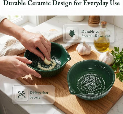 Ceramic Grater Bowl with Herb Stripper & Cleaning Brush, 3-in-1 Kitchen Tool for Garlic, Ginger & Vegetables, Easy to Clean Stripping Bowl for Kale, Rosemary, Thyme, and Basil, Dishwasher Safe-Green