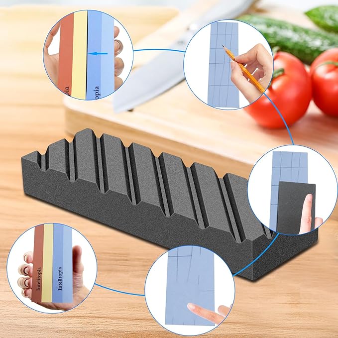 Intelitopia Complete Knife Sharpening Stone Set – Dual Grit Whetstone 400/1000 3000/8000 Knife Sharpener with Leather Strop, Flattening Stone, Bamboo Base, 3 Non-slip Rubber Bases & Angle Guide - Image 7