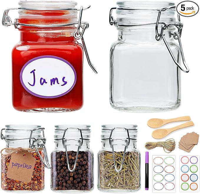 Small Glass Jars with Lids,4 oz Spice Jars with Labels,Small Glass Containers with Airtight Hinged Lid for Home Kitchen, Arts & Crafts Projects, Spices, Decoration, Snack Foods (5 Pack) by Brajttt