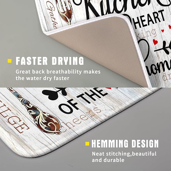 Giwawa 16"x18" Dish Drying Mat The Kitchen is The Heart of The Home- Knife Fork Cutlery Dish Drainer Mats- Rustic Wood Board Reversible Microfiber Dish Drying Pad for Kitchen Countertop Decor