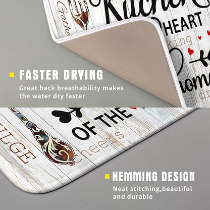 Giwawa 16"x18" Dish Drying Mat The Kitchen is The Heart of The Home- Knife Fork Cutlery Dish Drainer Mats- Rustic Wood Board Reversible Microfiber Dish Drying Pad for Kitchen Countertop Decor