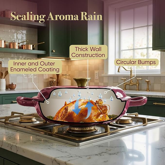Vintage Style 3 Quart Enameled Cast Iron Braiser, Non Stick Enameled Cast Iron Skillet with Lid, Dutch Oven Skillet with lid up to 500°F for Oven, Stove, Grill, Shallow Dutch Oven for Cook, Bake (Rose) - Image 5