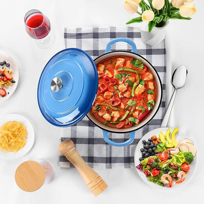P&P CHEF 6QT Enameled Dutch Oven, Cast Iron Dutch Oven Pot with Lid for Bread Baking, Enameled Casserole Pot for Roasting Braising Stewing Frying Simmering, Various Stoves & Easy Clean, Blue