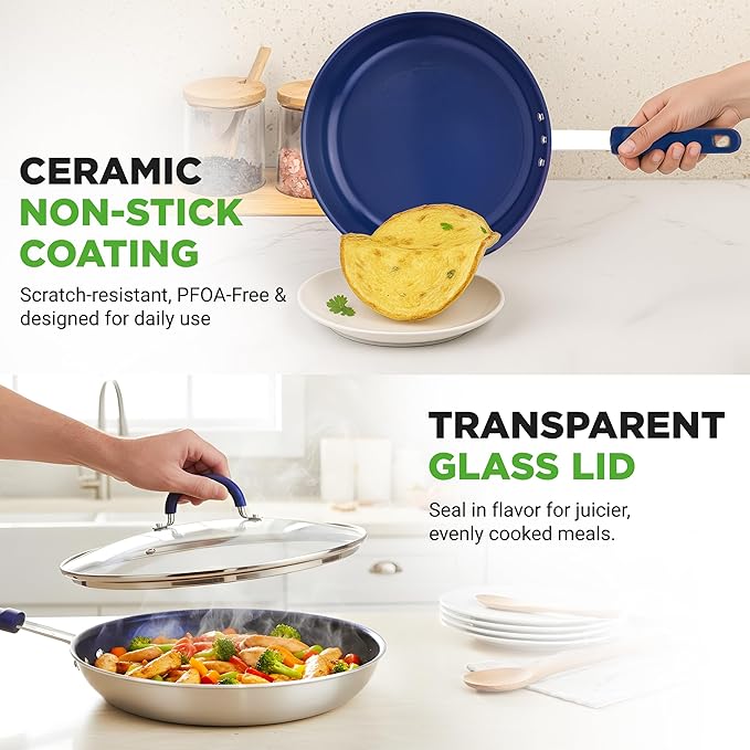 NutriChef 10'' Medium Fry Pan with Lid - Non-stick Pan with Silicone Handle, Ceramic Coating Inside