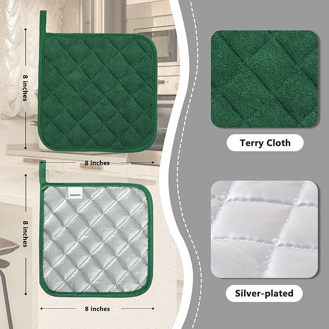 Joyhalo 6 Pack Pot Holders for Kitchen,Cotton Oven Holder with Great Heat Resistance,Non Slip Hot Pads for Kitchen Clearance,Dark Green - Image 2
