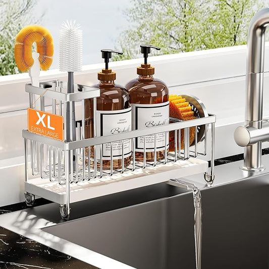 Cisily Sponge Holder for Kitchen Sink, Sink Caddy Organizer with High Brush Holder, Kitchen Countertop Organizers and Storage Essentials, Rustproof 304 Stainless Steel (Silver, 10.62″) by CISILYHOMELIFE