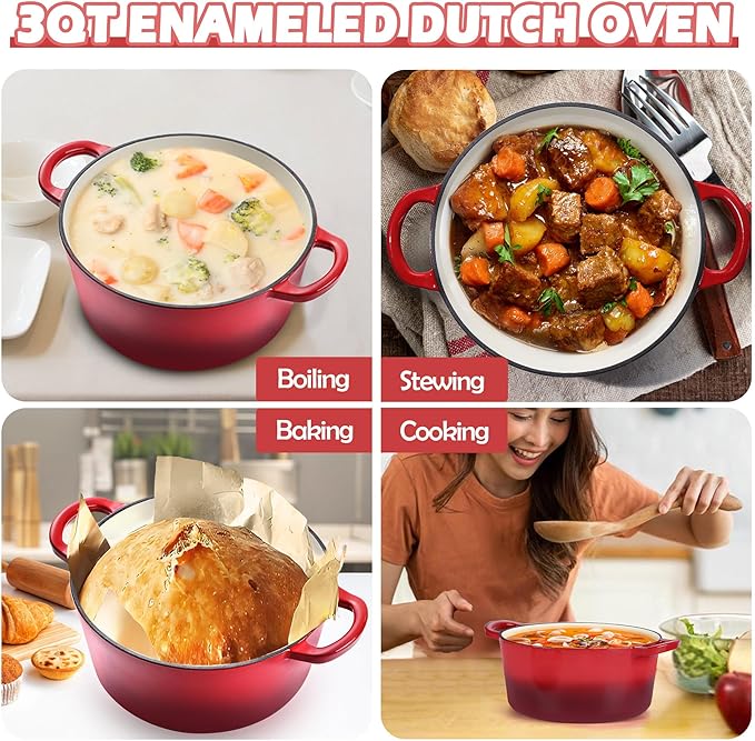TeamFar 3qt Dutch Oven, Small Enameled Cast Iron Dutch Oven Pot with Lid, For Bread Baking/Stewing/Braising/Frying, Various Stoves & Oven Safe, Non-stick & Easy Clean, Red - Image 7