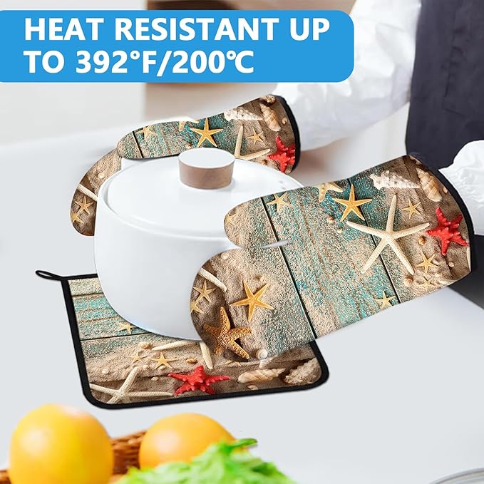 Beach Shells Starfish Oven Mitts and Pot Holders Sets Heat Resistant 4Pcs Potholders Oven Gloves Hot Pads for Kitchen Baking Cooking Grilling BBQ