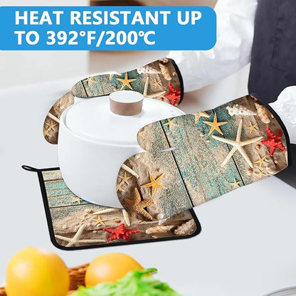 Beach Shells Starfish Oven Mitts and Pot Holders Sets Heat Resistant 4Pcs Potholders Oven Gloves Hot Pads for Kitchen Baking Cooking Grilling BBQ