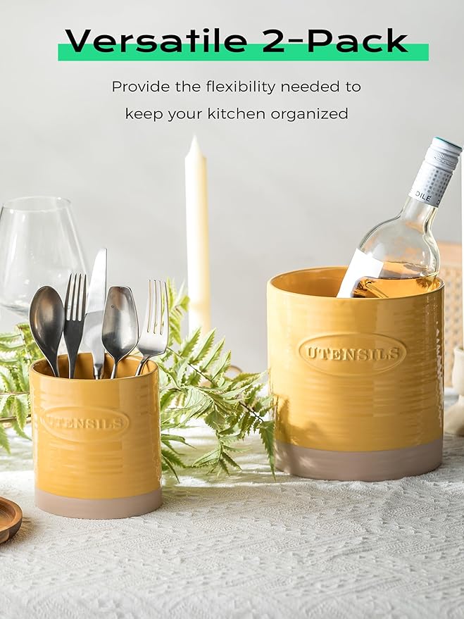 YHOSSEUN Kitchen Utensil Holder Set of 2, Ceramic Utensil Holder for Kitchen Counter, 6.7"+5.1" Cooking Utensil Crocks for Spatula, Oval Opening, Yellow - Image 5