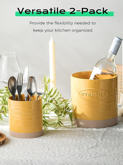 YHOSSEUN Kitchen Utensil Holder Set of 2, Ceramic Utensil Holder for Kitchen Counter, 6.7"+5.1" Cooking Utensil Crocks for Spatula, Oval Opening, Yellow - Image 5