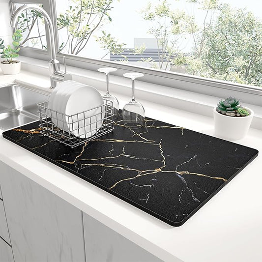 Rnivvi Dish Drying Mat for Kitchen Counter, 12 x 19" Cute Marble Super Absorbent Draining Pad, Non-Slip Heat Resistant Coffee Bar Mats for Coffee Machine Station Accessories, Black Gold Dish Rack Pad by Rnivvi