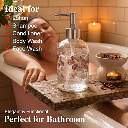 17oz Glass Soap Dispenser with Plastic Pump for Kitchen and Bathroom, Refillable Liquid Clear Bottle for Dish Soap & Hand Soap(Flower)