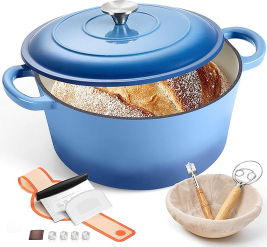 E-far Enameled Dutch Oven Pot for Bread Baking, 6QT Enameled Cast Iron Cookware with Self-Basting Lid & Sourdough Bread Baking Supplies, Heavy Duty Casserole Pot & Dual Handles-Blue