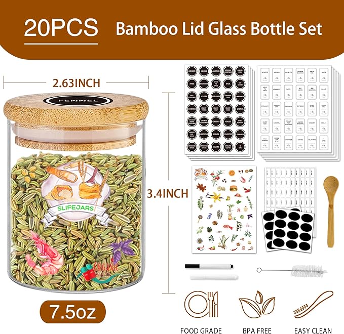 SLifeJars-Spice Jars with Label, 7.5 oz 20pcs Spice Containers Glass Jars with Bamboo Lids, Seasoning Containers Bottles,Airtight Empty Spice Jars for Spice Rack, Drawer,Cabinet,Pantry - Image 2