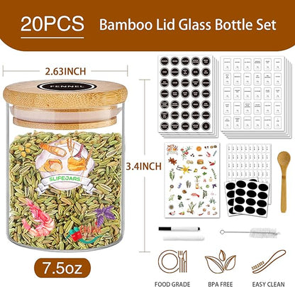 SLifeJars-Spice Jars with Label, 7.5 oz 20pcs Spice Containers Glass Jars with Bamboo Lids, Seasoning Containers Bottles,Airtight Empty Spice Jars for Spice Rack, Drawer,Cabinet,Pantry - Image 2