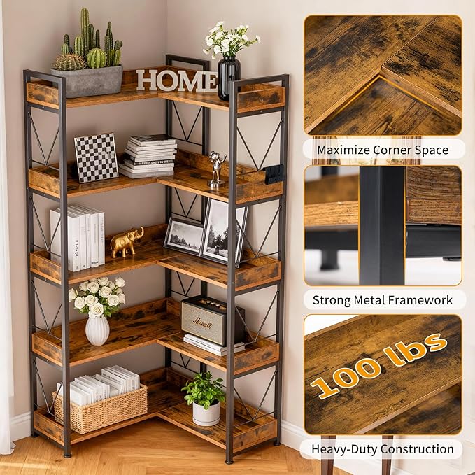 DUMOS 65 inch L Shaped Bookshelf, 5 Tier Corner Bookcase with Hooks and Edge, Industrial Pantry Shelves with Metal Frame, Wooden Open Storage for Living Room, Home Office, Bedroom, Rustic Brown - Image 4