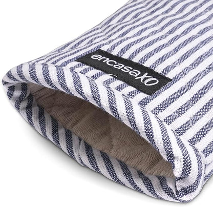 Encasa XO Long 12"x7" Oven Microwave Hand Gloves Mitts (2 pc Set) for Kitchen Cooking & Baking - Heat Resistant, Thick & Safe, Protection of Hands from Hot Utensils - Ticking Navy Blue