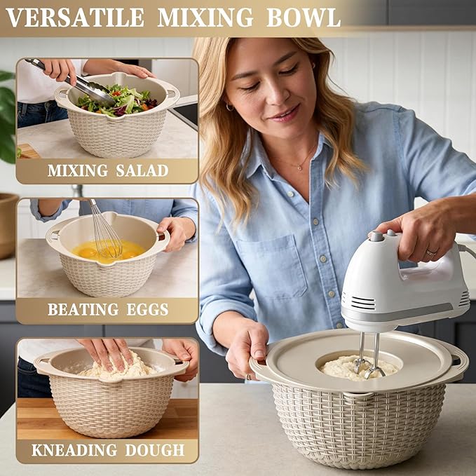 4-1 Colander with Bowl Set - Rotatable Colander for Kitchen (Patented), Upgraded Graters Food Strainers for Pasta Fruits and Vegetables, Funny Presents for Women, Aesthetic Kitchen Gadget - Beige - Image 6