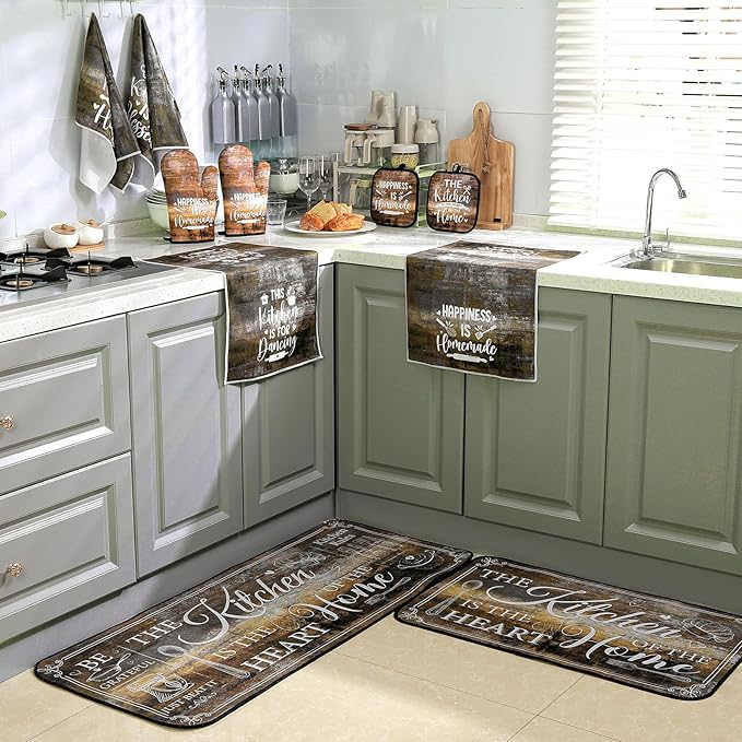 Fourluoo 10 Pcs Farmhouse Kitchen Decor and Accessories Set 4 Kitchen Towels 2 Pot Holders 2 Oven Mitts 2 Rugs for Cooking Baking Mom Housewarming Gifts(Brown Gray,Classic Style) - Image 7