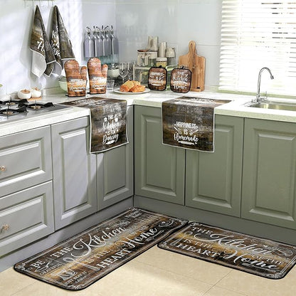 Fourluoo 10 Pcs Farmhouse Kitchen Decor and Accessories Set 4 Kitchen Towels 2 Pot Holders 2 Oven Mitts 2 Rugs for Cooking Baking Mom Housewarming Gifts(Brown Gray,Classic Style) - Image 7