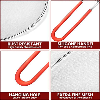 13" Grease Splatter Screen for Cooking | Stainless Steel Oil Splatter Guard and Ultra-Fine Mesh Protects Skin from Burns | Silicone Red Handle - Image 8