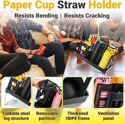 Cup and Lid Holder, Disposable Paper Cup Dispenser with Coffee Pod Straw Storage Basket, 6-Compartment Countertop Coffee Cup Holder for Coffee Stations, Break Rooms, Living Rooms (Black)