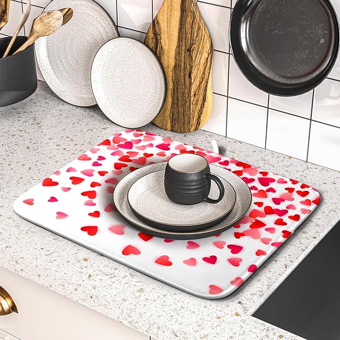 Valentines Dish Drying Mat for Kitchen Counter Hearts Holiday Microfiber Absorbent Dish Draining Reusable Washable Foldable 16"x18" - Image 5
