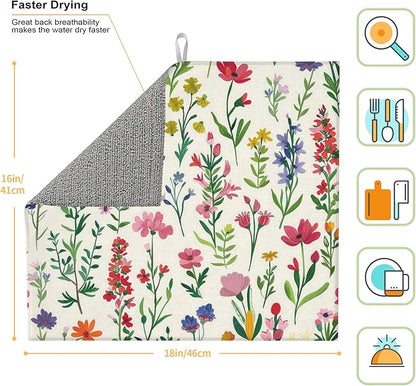 Watercolor Wildflower Dish Drying Mat for Kitchen Counter, 16"x18" Microfiber Absorbent Fast Dry Mat, 2Pcs Dish Mat Faucet Mats Sets, Large Drying Kitchen Mat Kitchen Drying Pad Coffee Bar Decor Gifts