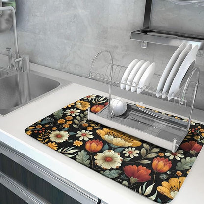 Vintage Boho Floral Dish Drying Mat for Kitchen Counter,Yellow Beige Black Spring Flower Drying Mat 18 x 24 Inch with Absorbent Reversible Microfiber Drying Pad for Coffee Bar - Image 5