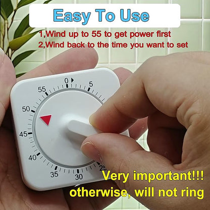 Square 60 Minute Mechanical Kitchen Timer - Visual Kitchen Cooking Timer Clock with Loud Alarm - No Batteries Required-Manual Countdown Timer for Classroom, Home, Study and Cooking (White) - Image 3