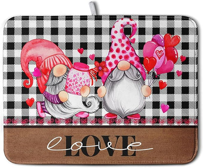 Valentine's Day Dish Drying Mats for Kitchen Counter, Gnome Love Kitchen Drying Mat, Buffalo Plaid Dish Drainer Mat Absorbent Quick Dry Dishes Pad 18 x 24 In - Farmhouse Decor Valentines Gift by Kwlegh