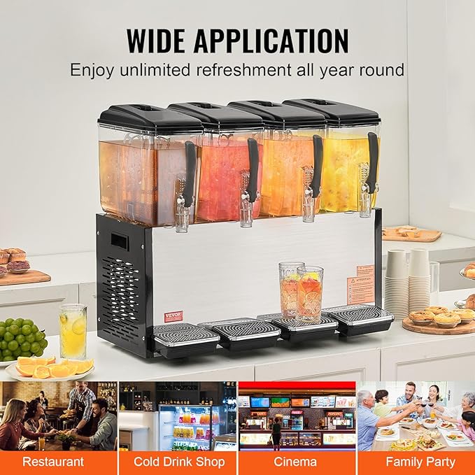 VEVOR Commercial Beverage Dispenser, 4 Tanks 12 L / 12.7 QT Per Tank Juice Dispenser, 510W Stainless Steel Ice Tea Drink Machine with 45°F-54°F Cooling Temperature, for Cold Drink Restaurant Bar Party - Image 6