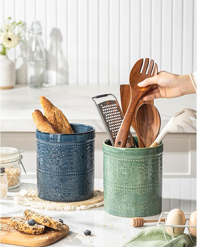Kitchen Utensil Holder, 7 Inches Large Ceramic Utensil Holder for Countertop, Lace Emboss Cooking Utensil Crocks for Kitchen, Home Decor, Reactive Blue - Image 7