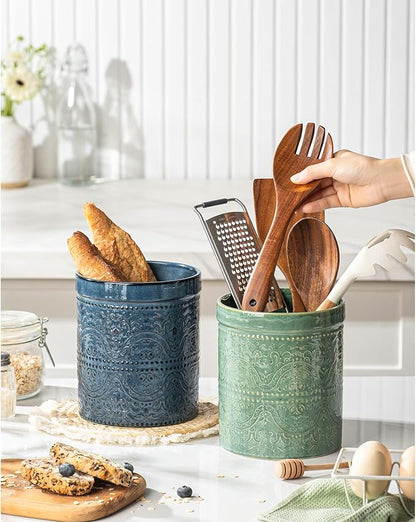 Kitchen Utensil Holder, 7 Inches Large Ceramic Utensil Holder for Countertop, Lace Emboss Cooking Utensil Crocks for Kitchen, Home Decor, Reactive Blue - Image 7