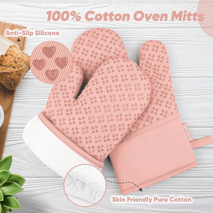 Oven Mitts and Pot Holders 4 Sets, Heat Resistant 500 ℉ Oven Mitt and Pot Holder,Oven Glove&Potholders with Non-Slip Silicone Surface,Kitchen Essentials for Cooking/Baking/BBQ-Pink - Image 3