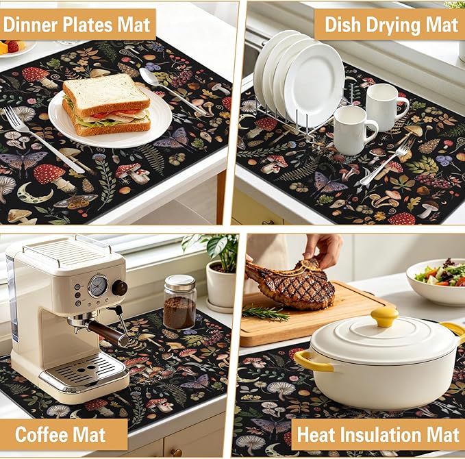 Kitchen Countertop Dish Drying Mat,Super Absorbent Coffee Bar Mat for Maker Espresso Machine, Anti-Slip Accessories for Kitchen Countertops 19x12 Inch